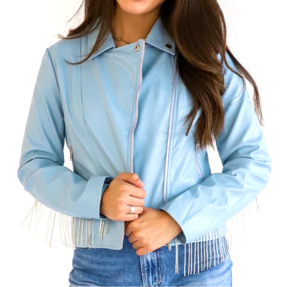 NWOT Blue B Cowgirl Rhinestone Fringe Faux Leather Jacket - Picture 2 of 15